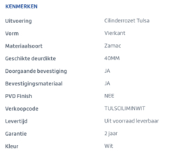 Skantrae cilinderrozet Tulsa minimal mat wit