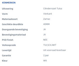 Skantrae cilinderrozet Tulsa mat wit