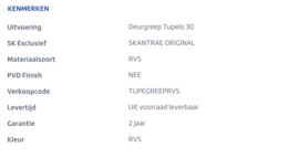 Deurgreep Tupelo 30 cm (RVS) p/stuk