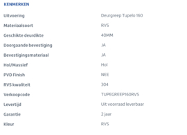 Deurgreep Tupelo 160 cm (RVS) p/stuk