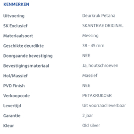 Skantrae deurkruk Petana T+L Old Silver