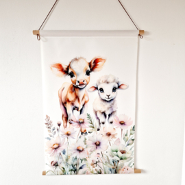 Textielposter 'Babydieren kalfje en lammetje'