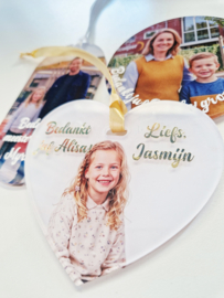 Gepersonaliseerde acryl hanger juf of meester met eigen foto | hartje