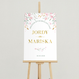 Welkomstbord Bruiloft 'Roze bloemen bovenin' | 40 x 60 cm