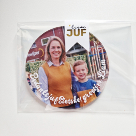 Gepersonaliseerde acryl magneet juf of meester met eigen foto | rond