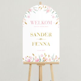 Welkomstbord Bruiloft 'Roze bloemen' | Ronde Boog | 45 x 70 cm