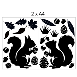 Herbruikbare herfst raamstickers met eekhoorns, nootjes en herfstblaadjes