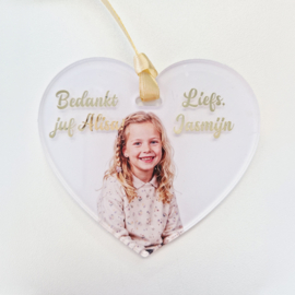 Gepersonaliseerde acryl hanger juf of meester met eigen foto | hartje