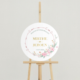Welkomstbord Bruiloft 'Roze bloemen' | Rond 50 cm