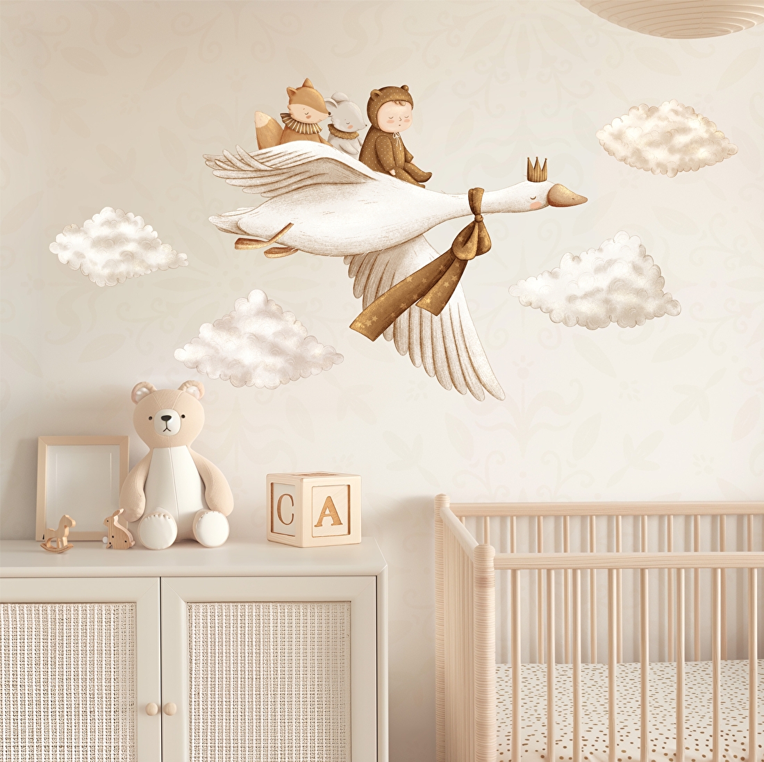 muurstickers babykamer kinderkamer gans baby vliegen wolken