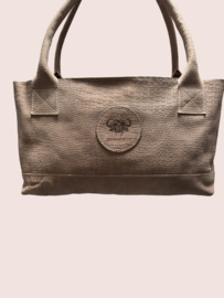 Taupe kleurige leren schoudertas Bo met print