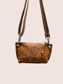 Cognac croco leren schoudertasje Lieve mt S