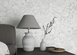 Behang met ton-sur-ton grote bloemenprint grijs wit