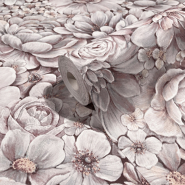 Behang met ton-sur-ton grote bloemenprint roze paars
