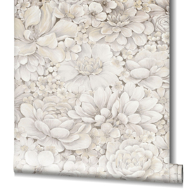 Behang met ton-sur-ton grote bloemenprint grijs beige