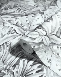 Behang met grote bladeren grijs wit
