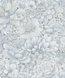 Behang met ton-sur-ton grote bloemenprint blauw grijs