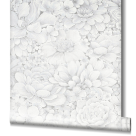 Behang met ton-sur-ton grote bloemenprint grijs wit