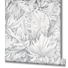 Behang met grote bladeren grijs wit