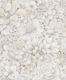 Behang met ton-sur-ton grote bloemenprint grijs beige