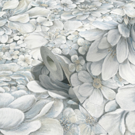 Behang met ton-sur-ton grote bloemenprint blauw grijs