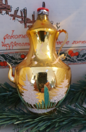 oude/antieke kerstbal: Prachtige GROTE oude koffiekan in oud goud/deco. 9,5 cm. hoog
