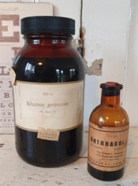 Prachtige oude Apothekerspot BALSAMUM PERUVIANUM + antiek flesje ANTHRASOL