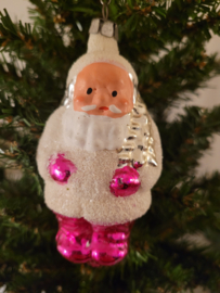 Oude/antieke kerstbal: Grote kerstman wit/roze