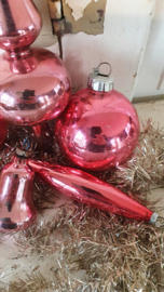 5 delige set oude kerstballen met piek. In roze!