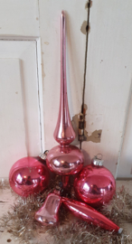 5 delige set oude kerstballen met piek. In roze!