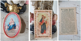Oude Maria met Jezuskind van Gips +oud doosje en bidprentje