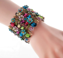 Prachtige Brede Armband met Bloemen en Strass Steentjes