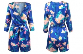 Satijnen Blauwe Jumpsuit / Romper met Bloemenprint