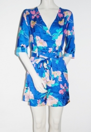 Satijnen Blauwe Jumpsuit / Romper met Bloemenprint