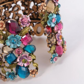 Prachtige Brede Armband met Bloemen en Strass Steentjes