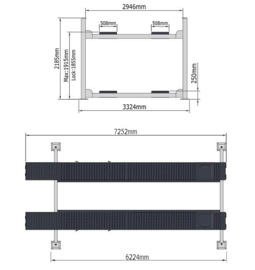 4 kolommen hefbrug type PEAK 414AE  (6 meter) met verlichting en middenkrik en uitlijnfunctie