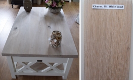 Landelijk witte salontafel met eiken blad, magazineplateau + 2 laatjes, 130 cm l. x 85 cm br. x 55 cm hg.  XR