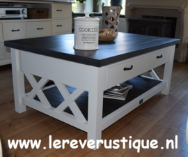 Landelijke salontafel wit met eiken blad, magazineplateau + laatjes cm l. x 85 cm br. x cm hg. XR | * Landelijk witte salontafels | Le Rêve Rustique