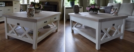 Landelijk witte salontafel met eiken blad, magazineplateau + 2 laatjes, 130 cm l. x 85 cm br. x 55 cm hg.  XR