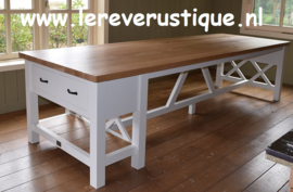 Landelijke eettafel wit met blank eiken blad, 2 hoge laden, 300 cm l.  x 100 cm  br.  XRS