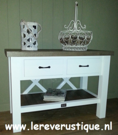 Landelijk witte sidetable met eiken blad, 2 laden 110 cm l. x 55 cm d. x 76 cm hg. XR