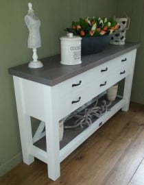 Landelijke sidetable wit met eiken blad + 6 laatjes 150 cm l. x 45 cm d. x 85 cm hg. XR