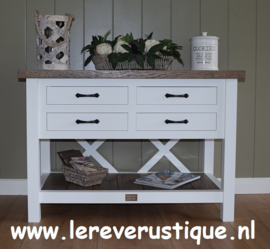 Landelijke sidetable wit met eiken blad en 4 laden, 110 cm l. x 55 cm d. x 76 cm hg XR