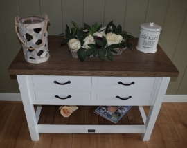 Landelijke sidetable wit met eiken blad en 4 laden, 110 cm l. x 55 cm d. x 76 cm hg XR