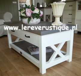 Landelijk witte salontafel met eiken blad, magazineplateau + 2 laatjes, 110 cm l. x 55 cm br. x 50 cm hg. XR