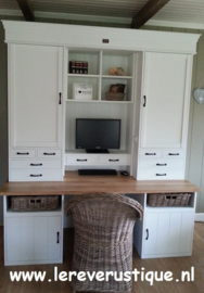 Landelijke Secretaire / Bureau / Home-Office WIT met blank eiken blad 190 cm breed x 227 cm hoog PRIJS OP AANVRAAG