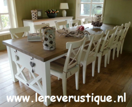 Landelijke eettafel wit met eiken blad 300 cm l. x 100 cm br. XR