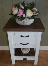 Xpression Rustique bijzettafeltje wit met eiken blad en 2 laden, 50 cm x 40 cm x 70 cm hoog