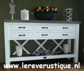 Landelijke sidetable wit met eiken blad + 6 laatjes 150 cm l. x 45 cm d. x 85 cm hg. XR