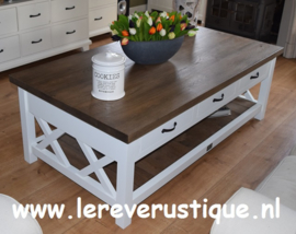 Grote landelijke salontafel wit met eiken blad, magazineplateau + 3 laatjes 160 cm l. x 85 cm br. x 55 cm hg. XR